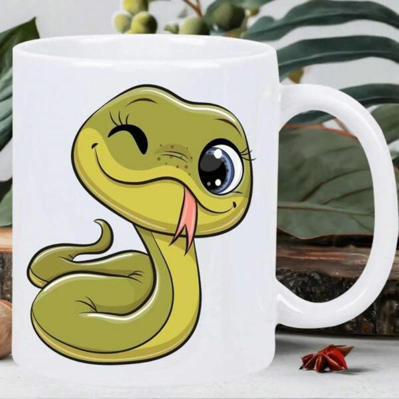 Tailorly White Ceramic 11 oz Mug - Cute Winking Green Cartoon Character With A Small Pink Forked Tongue Snake