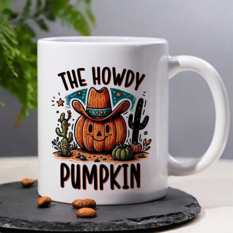 Tailorly White Ceramic 11 oz Mug - The Howdy Pumpkin Smiling Jack O Lantern Wearing Brown Cowboy Hat Among Desert Cacti Pumpkin