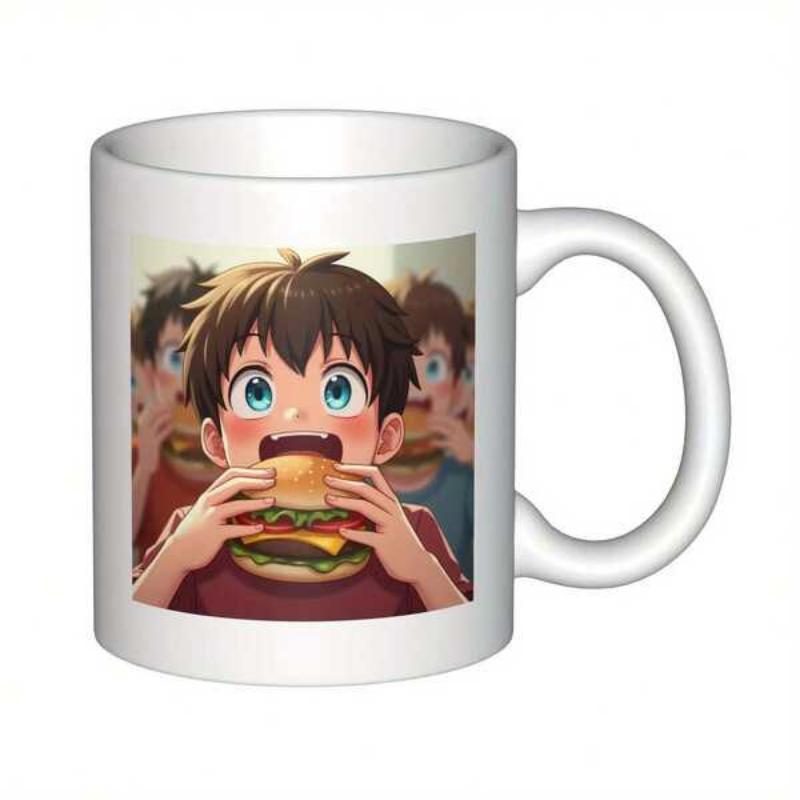 Tailorly White Ceramic 11 oz Mug - Cute Anime Boy With Blue Eyes Eating A Large Hamburger