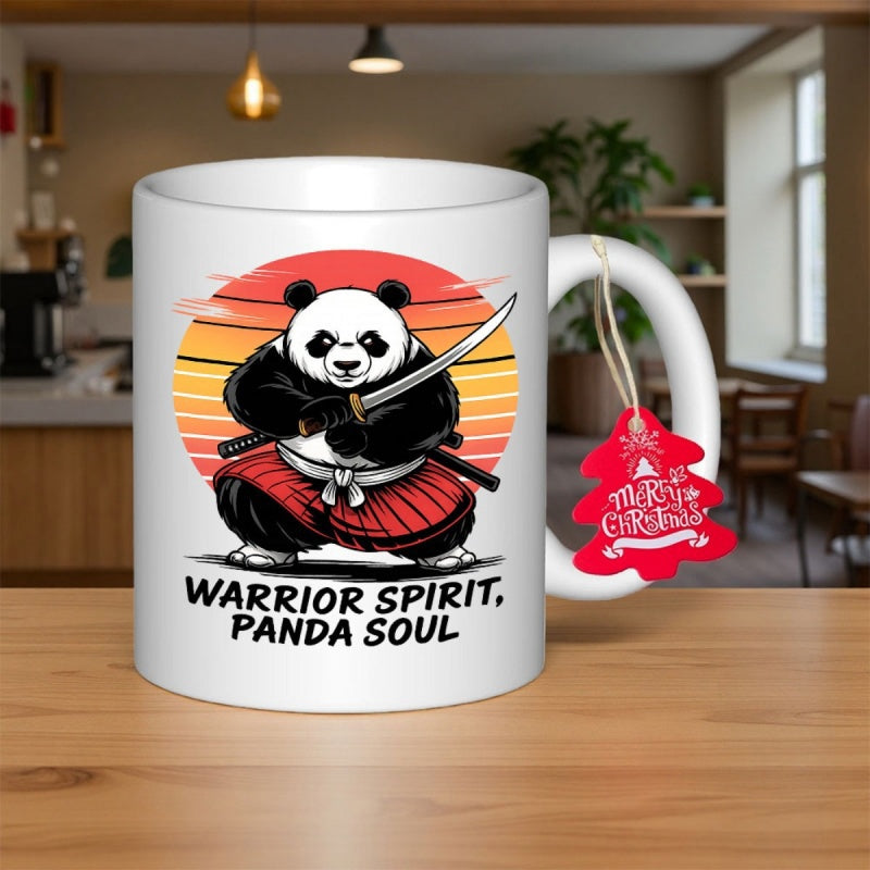 Tailorly White Ceramic 11 oz Mug - Warrior Spirit Panda Soul Fierce Samurai Panda Holding Katana Under Striking Retro Circle Sunset Panda