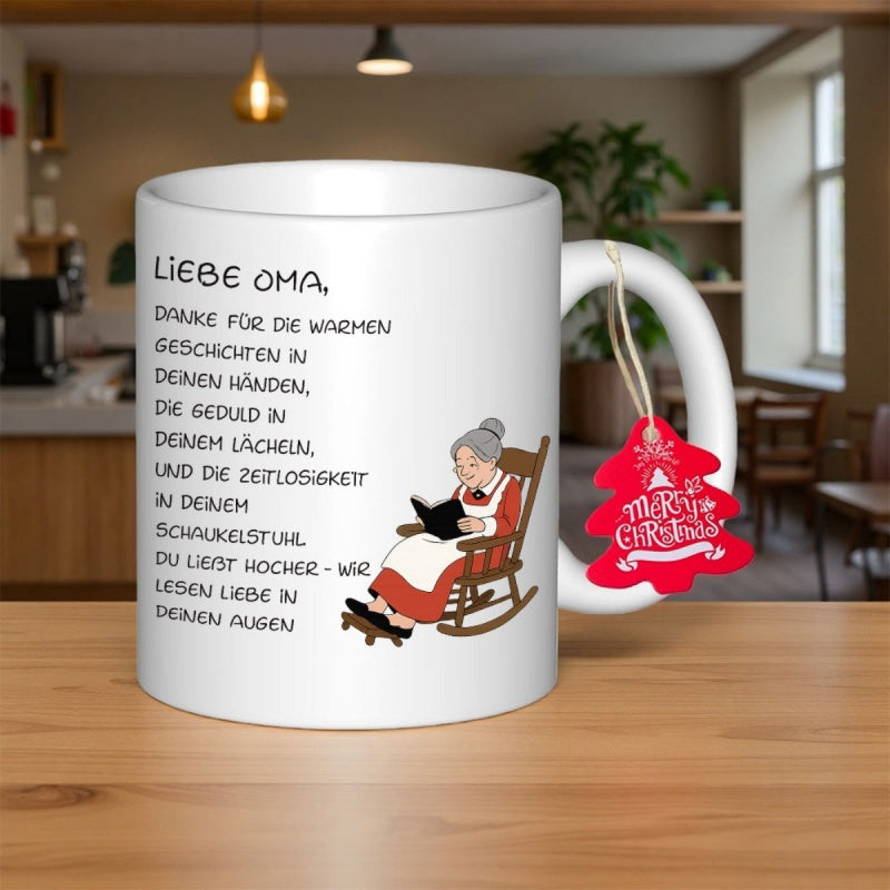 Tailorly White Ceramic 11 oz Mug - Merry Christmas Peaceful Elderly Lady Sitting In Rocking Chair Reading Book Grandmother