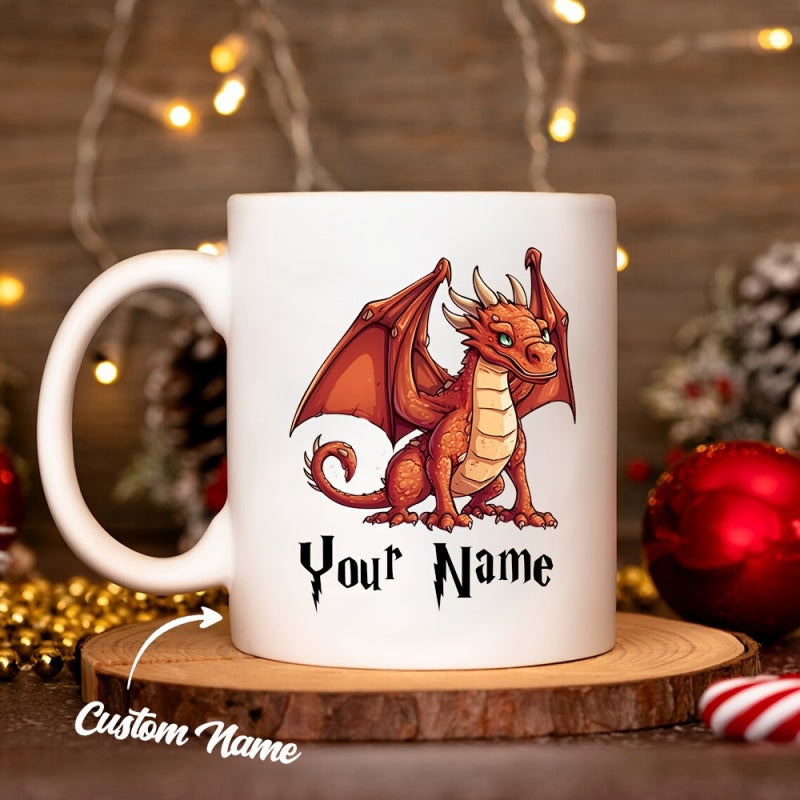 Tailorly White Ceramic 11 oz Mug - Your Name Mythical Red Creature With Large Wings Standing Among Enchanted Scenery Dragon