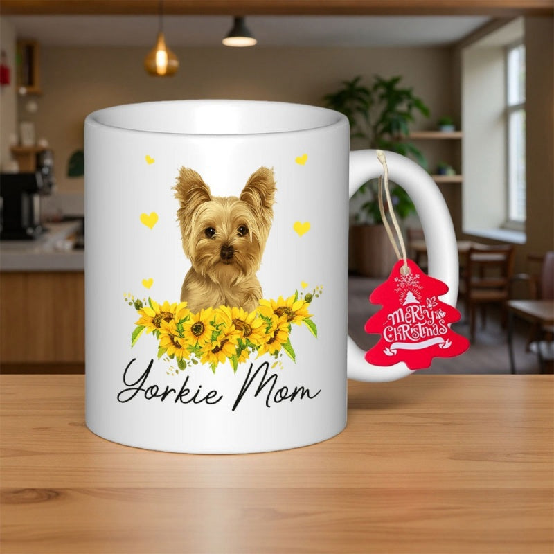 Tailorly White Ceramic 11 oz Mug - Yorkie Mom Adorable Dog Peeking Out From Behind Bright Yellow Blooming Sunflowers Yorkie