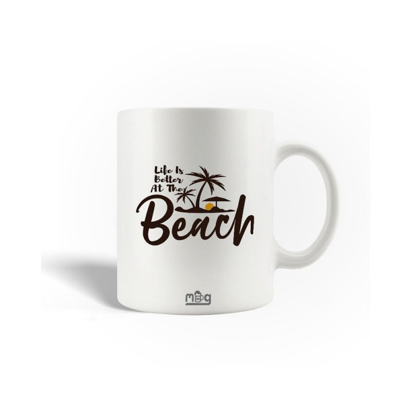 Tailorly White Ceramic 11 oz Mug - Life Is Better At The Beach Tropical Silhouette Palm Trees Under Glowing Summer Sun On Serene Island Beach