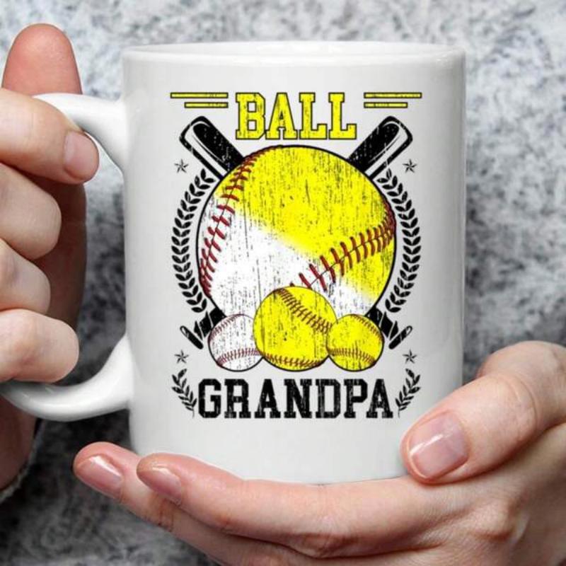 Tailorly White Ceramic 11 oz Mug - Ball Grandpa Distressed Yellow Design With Crossed Bats And Laurel Wreath Softball