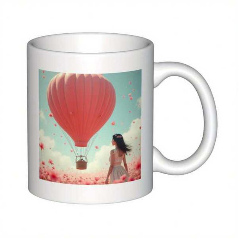 Tailorly White Ceramic 11 oz Mug - Elegant Young Woman Watching A Vibrant Red Balloon Floating Above Blossoms Hot Air Balloon