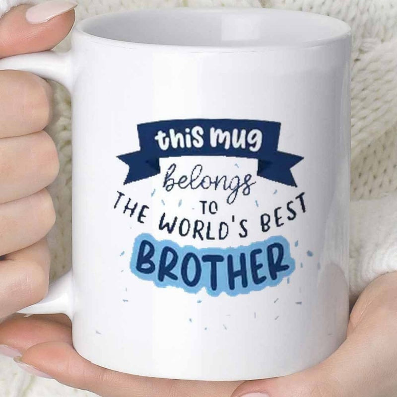Tailorly White Ceramic 11 oz Mug - This Mug Belongs To The Worlds Best Brother Bold Typography Featuring A Navy Ribbon And Light Blue Accents Brother