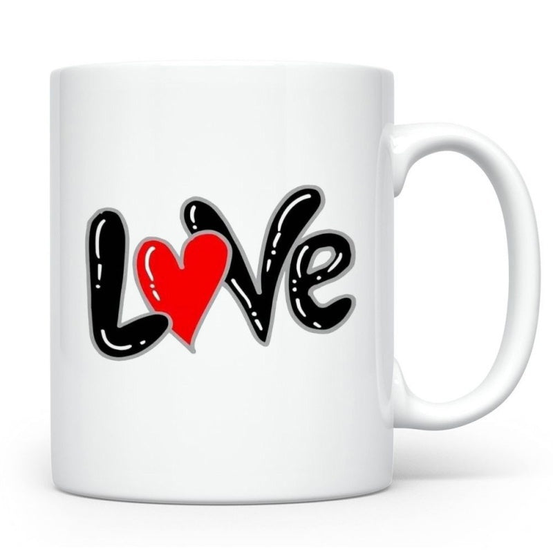 Tailorly White Ceramic 11 oz Mug - Love Glossy Black Bubbly Style Letters Combined With A Radiant Red Heart