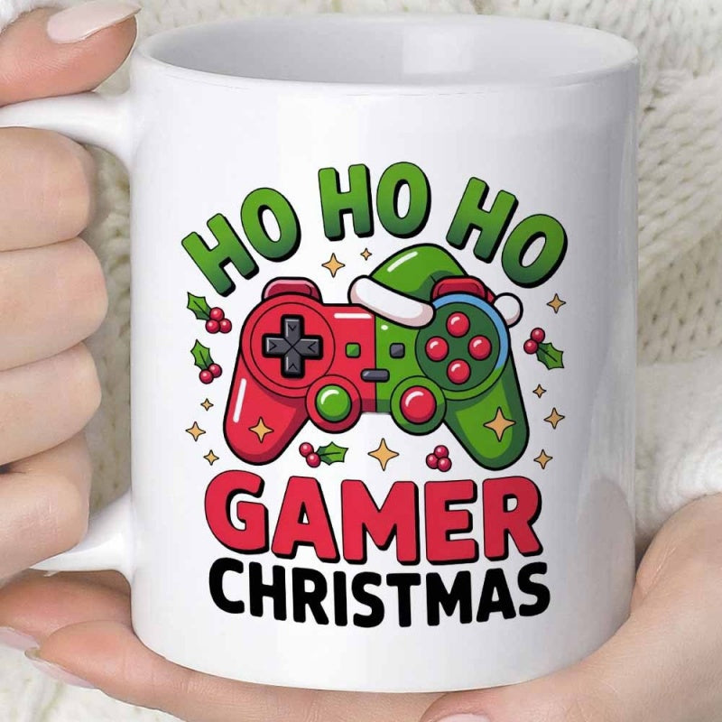 Tailorly White Ceramic 11 oz Mug - Ho Ho Ho Gamer Christmas Festive Red And Green Video Game Device With Santa Hat Controller