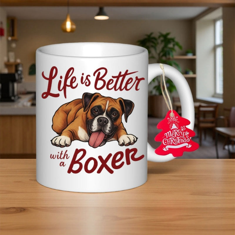 Tailorly White Ceramic 11 oz Mug - Life Is Better With A Boxer Merry Christmas Cute Brown Boxer Dog Resting Peacefully With Tongue Sticking Out Boxer