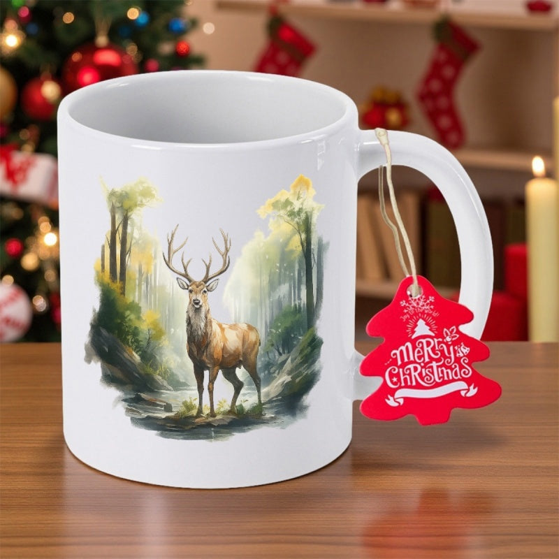 Tailorly White Ceramic 11 oz Mug - Merry Christmas Majestic Stag Standing Within A Misty Forest With Golden Sunlight Deer