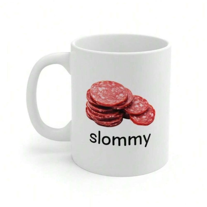 Tailorly White Ceramic 11 oz Mug - Slommy Realistic Stacked Red Pepperoni Slices Resting On A White Surface Salami