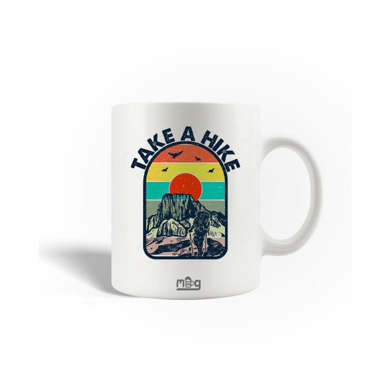 Tailorly White Ceramic 11 oz Mug - Take A Hike Retro Sunset Backdrop Featuring Mountains Under Flying Birds And Vibrant Sun Mountain
