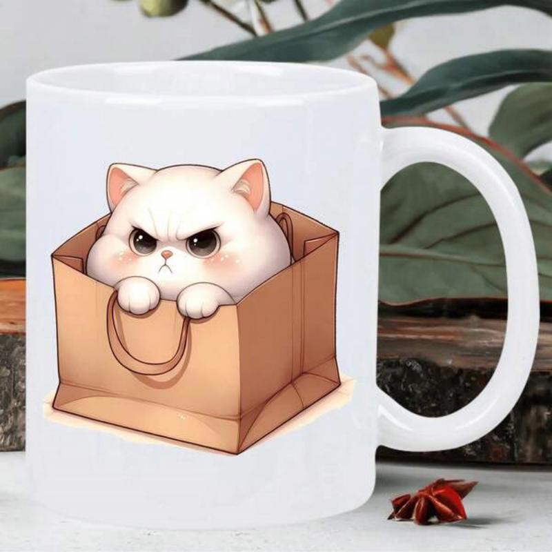 Tailorly White Ceramic 11 oz Mug - Adorable Grumpy Little Kitten Hiding Inside A Simple Brown Paper Bag Cat