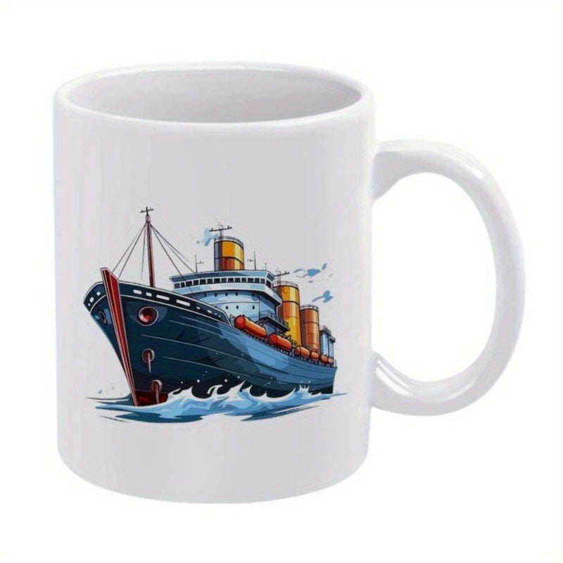 Tailorly White Ceramic 11 oz Mug - Majestic Vintage Ocean Liner Sailing Through Blue Waves With Golden Funnels Ship