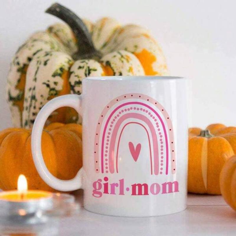 Tailorly White Ceramic 11 oz Mug - Girl Mom Boho Style Pink Rainbow With Centered Heart And Decorative Dotted Lines Mug