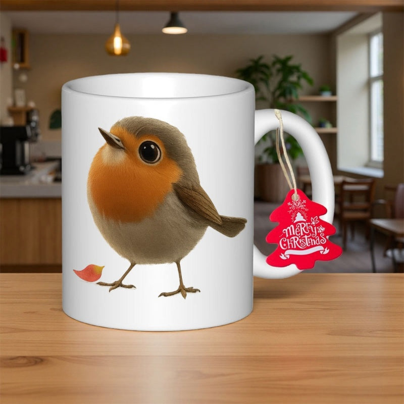 Tailorly White Ceramic 11 oz Mug - Merry Christmas Chubby Small Bird With Orange Breast Standing Near Red Leaf Robin