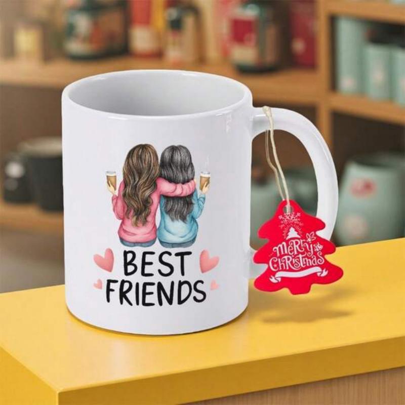 Tailorly White Ceramic 11 oz Mug - Best Friends Two Young Ladies Sitting Together Sharing Cozy Moments With Warm Drinks Illustration