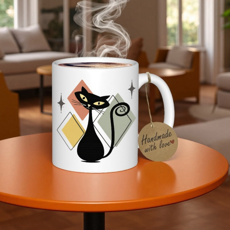 Tailorly White Ceramic 11 oz Mug - Handmade With Love Stylized Atomic Mid Century Modern Silhouette Among Colorful Retro Geometric Diamonds Cat