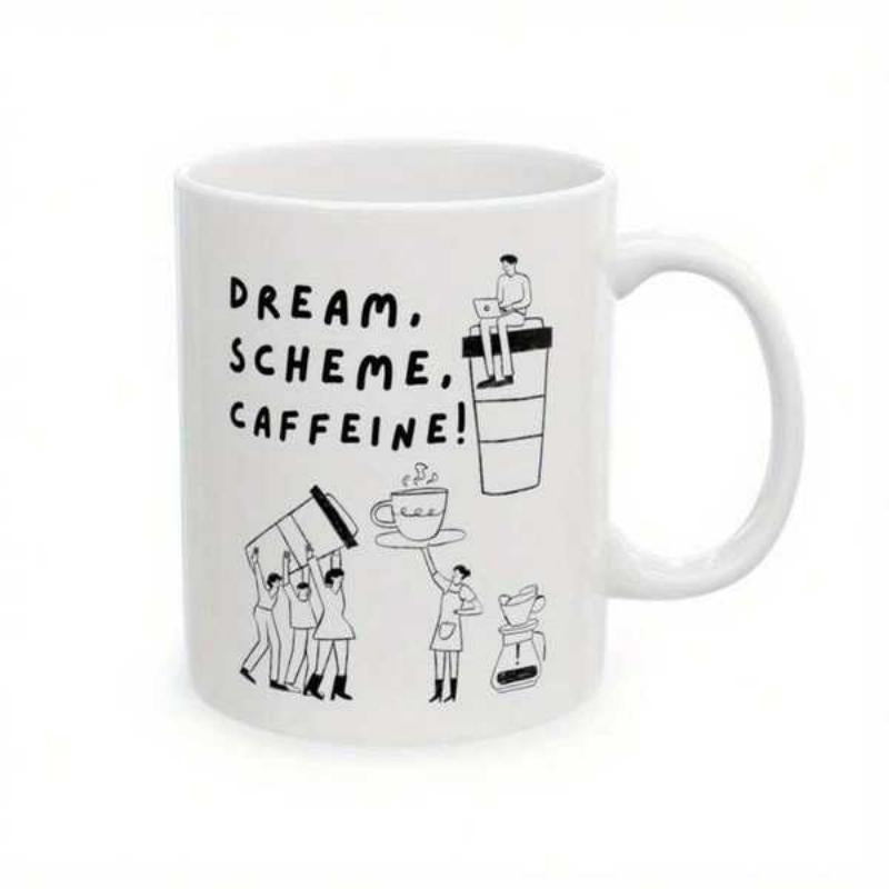 Tailorly White Ceramic 11 oz Mug - Dream Scheme Caffeine Hand Drawn Figures Interacting With Giant Cups And Brewing Equipment Coffee