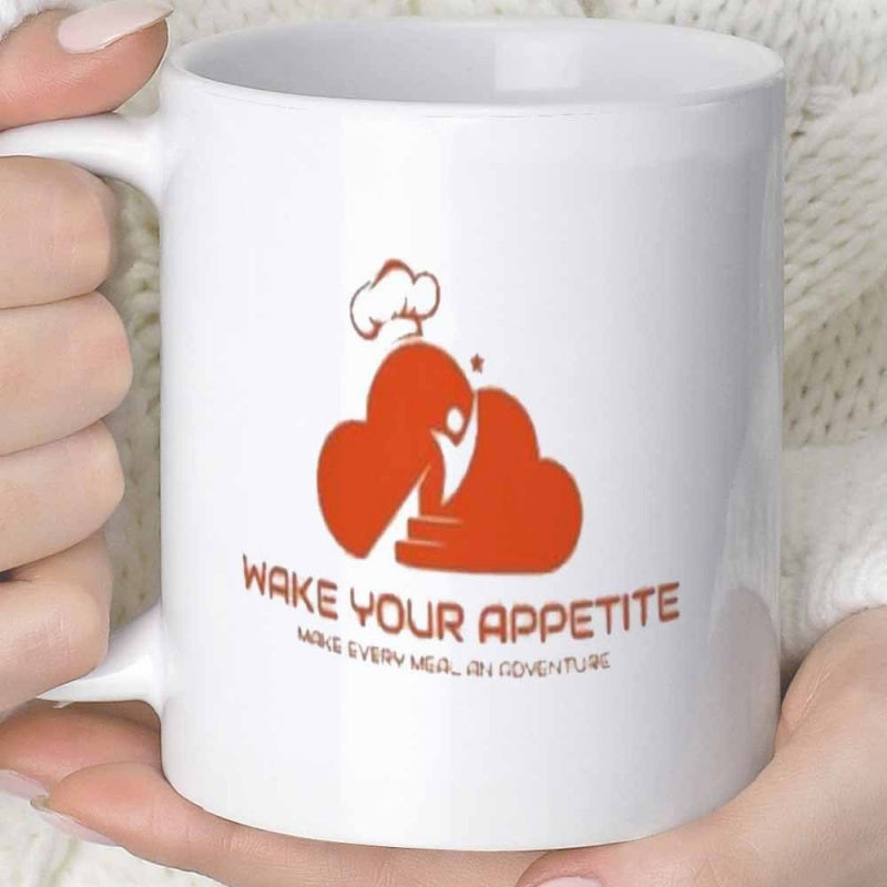 Tailorly White Ceramic 11 oz Mug - Wake Your Appetite Make Every Meal An Adventure Stylized Orange Clouds Featuring A Minimalist Chef Hat Above Rising Staircase