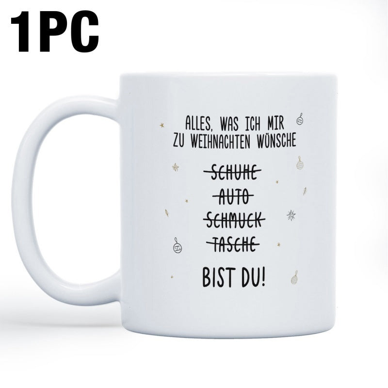 Tailorly White Ceramic 11 oz Mug - Minimalist White Ceramic Vessel Featuring German Holiday Text And Small Decorative Accents Mug