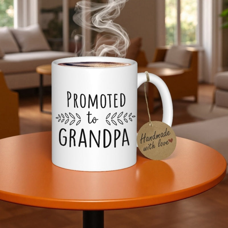 Tailorly White Ceramic 11 oz Mug - Promoted To Grandpa Minimalist Featuring Elegant Leafy Sprigs And Rising Steam Mug