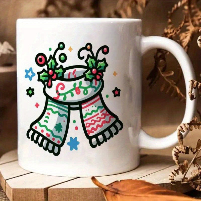 Tailorly White Ceramic 11 oz Mug - Festive Winter Garment Decorated With Green Holly And Red Berries Knitting Scarf
