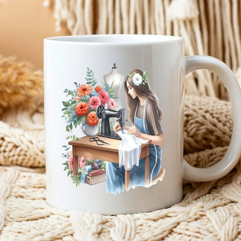 Tailorly White Ceramic 11 oz Mug - Elegant Artist Sewing At Table With Floral Bouquet And Vintage Machine Seamstress