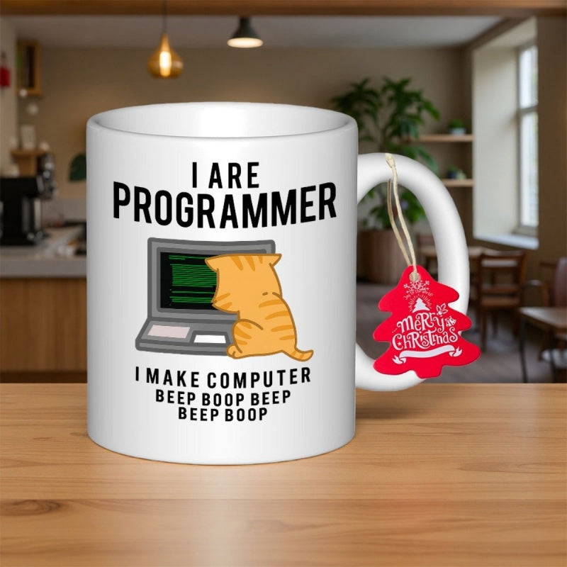 Tailorly White Ceramic 11 oz Mug - I Are Programmer I Make Computer Beep Boop Beep Beep Boop Cute Orange Tabby Sitting In Front Of Computer Screen Cat