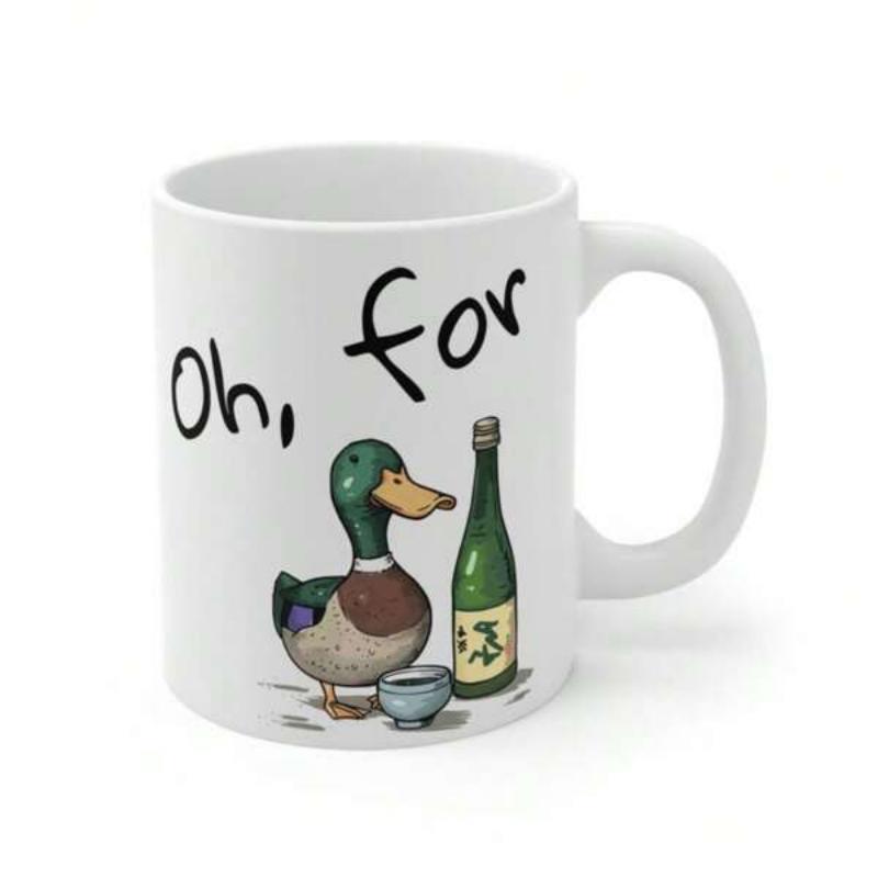 Tailorly White Ceramic 11 oz Mug - Oh For Charming Mallard Standing Beside Green Bottle And Small Drinking Bowl Duck