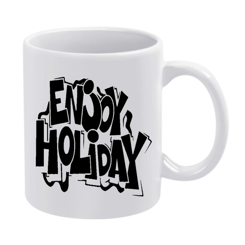 Tailorly White Ceramic 11 oz Mug - Enjoy Holiday Bold Black Graffiti Style Lettering With Decorative Outlines Mug