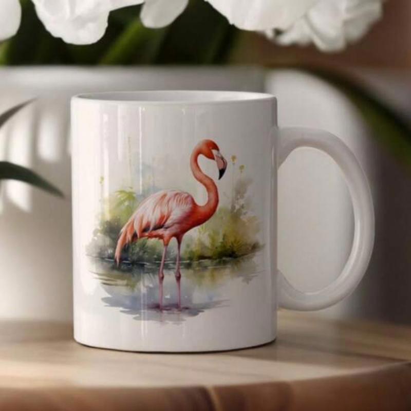 Tailorly White Ceramic 11 oz Mug - Elegant Pink Watercolor Bird Standing Among Tropical Greenery Reflection Flamingo