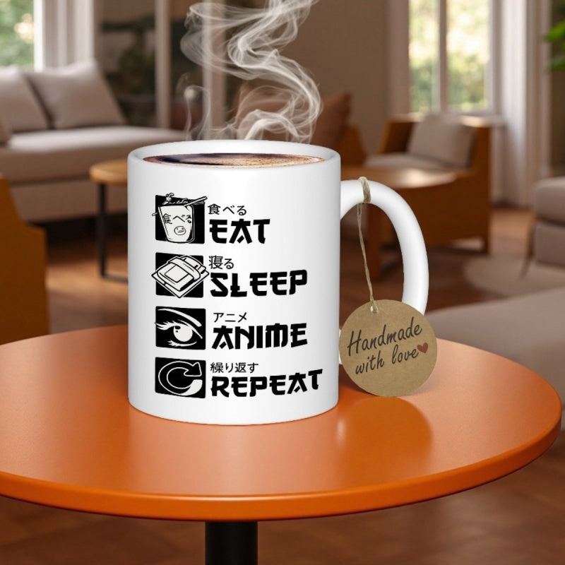 Tailorly White Ceramic 11 oz Mug - Eat Sleep Anime Repeat Minimalist Japanese Style Icons Representing Daily Life Routine Of Otaku Fans Mug
