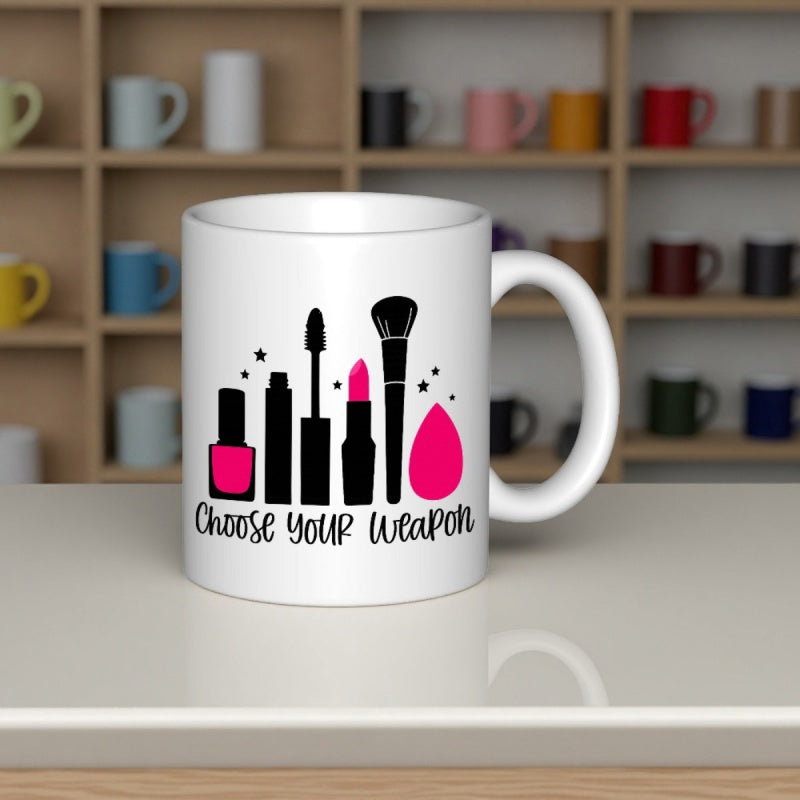 Tailorly White Ceramic 11 oz Mug - Choose Your Weapon Various Cosmetic Beauty Tools Standing In Row With Vibrant Pink Accents Mug
