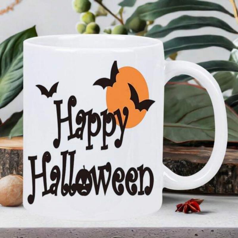 Tailorly White Ceramic 11 oz Mug - Happy Halloween Spooky Flying Silhouettes Circling Around A Large Glowing Full Orange Bats