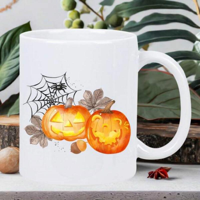 Tailorly White Ceramic 11 oz Mug - Autumnal Glowing Jack O Lanterns Beside Intricate Spider Web With Fall Leaves Pumpkin
