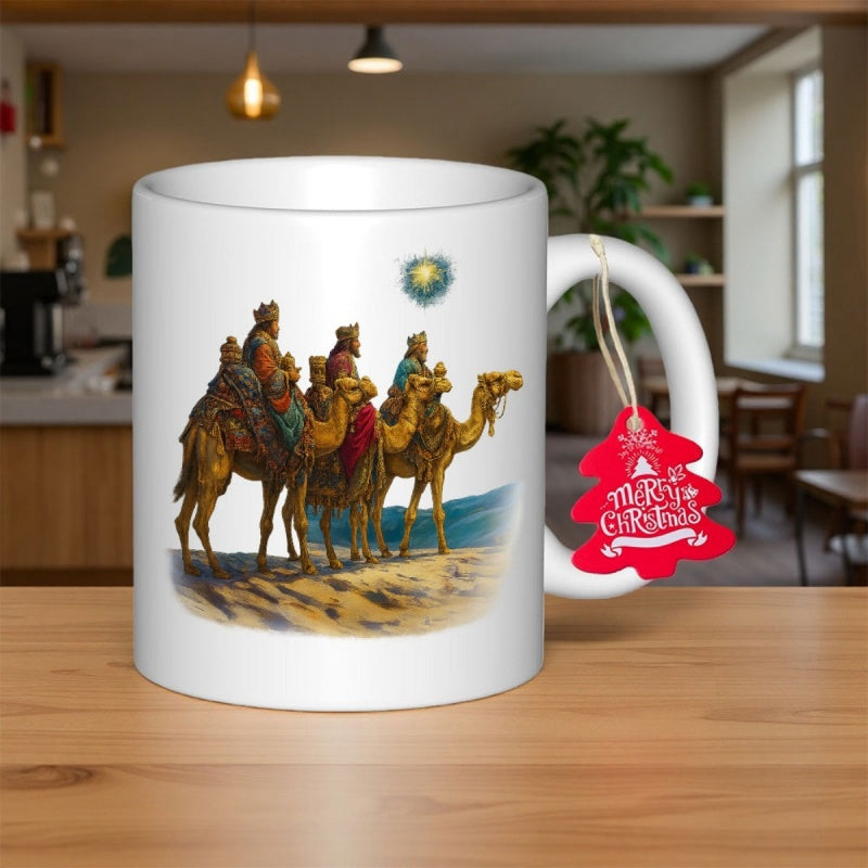 Tailorly White Ceramic 11 oz Mug - Merry Christmas Three Royal Kings Riding Camels Through Golden Desert Sands Under Bright Star Wise Men