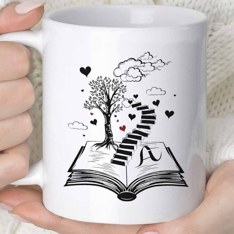 Tailorly White Ceramic 11 oz Mug - A Whimsical Tree Emerging From Open Pages With Staircase Among Floating Hearts Book