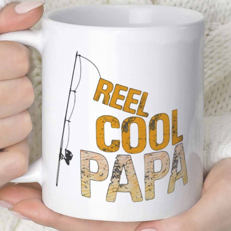 Tailorly White Ceramic 11 oz Mug - Reel Cool Papa Fishing Rod Line With Distressed Vintage Textured Typography Design