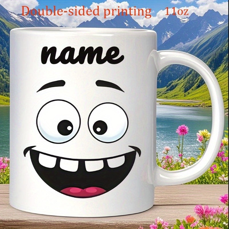 Tailorly White Ceramic 11 oz Mug - Name Happy Cartoon Face With Wide Grinning Mouth And Large Round Eyes Face