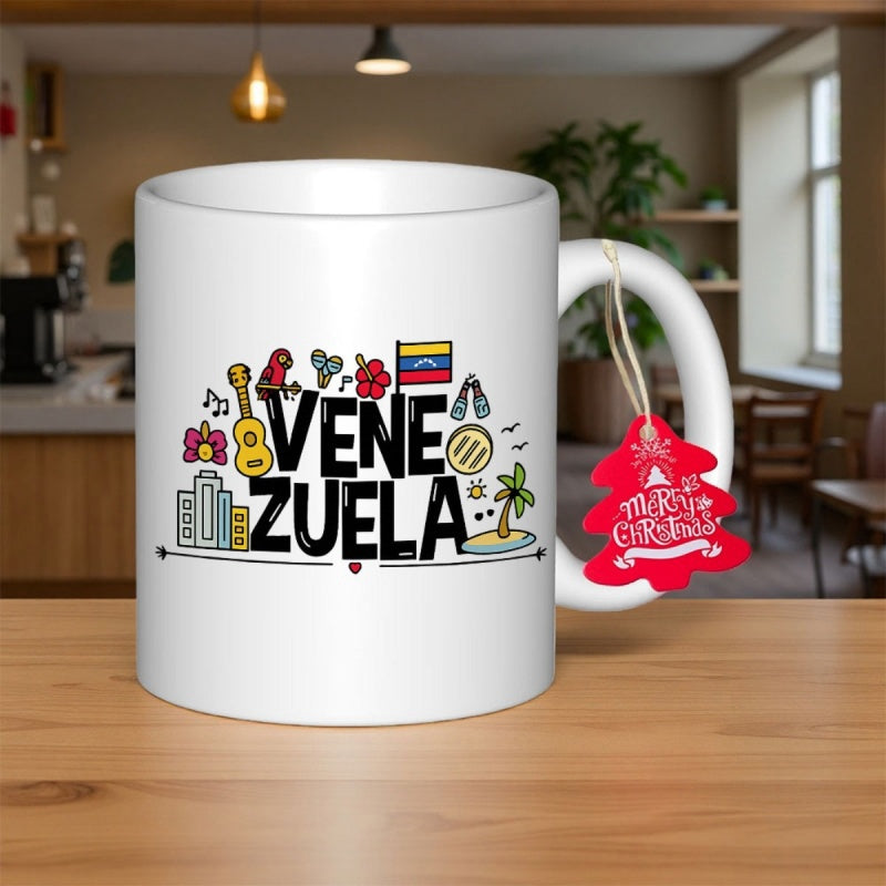 Tailorly White Ceramic 11 oz Mug - Venezuela Colorful Icons Of National Heritage With Flag Parrot And Palm Tree Graphic