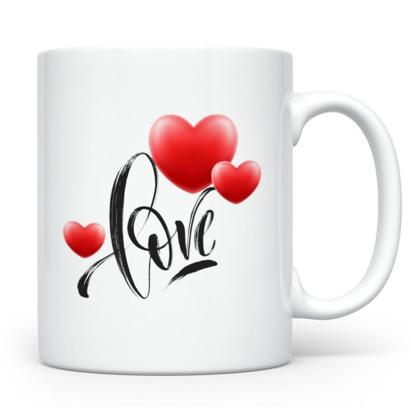Tailorly White Ceramic 11 oz Mug - Love Elegant Three Dimensional Red Hearts Floating Above Artistic Black Calligraphy Heart