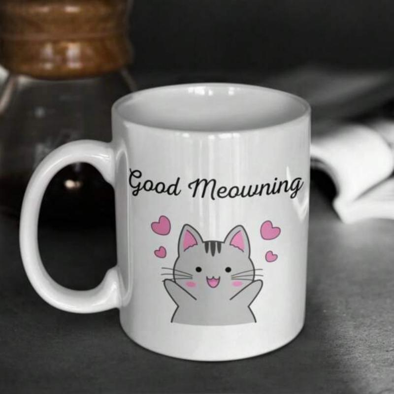 Tailorly White Ceramic 11 oz Mug - Good Meowning Adorable Gray Cartoon Feline With Tiny Pink Hearts Floating Around And Joyful Expression Cat
