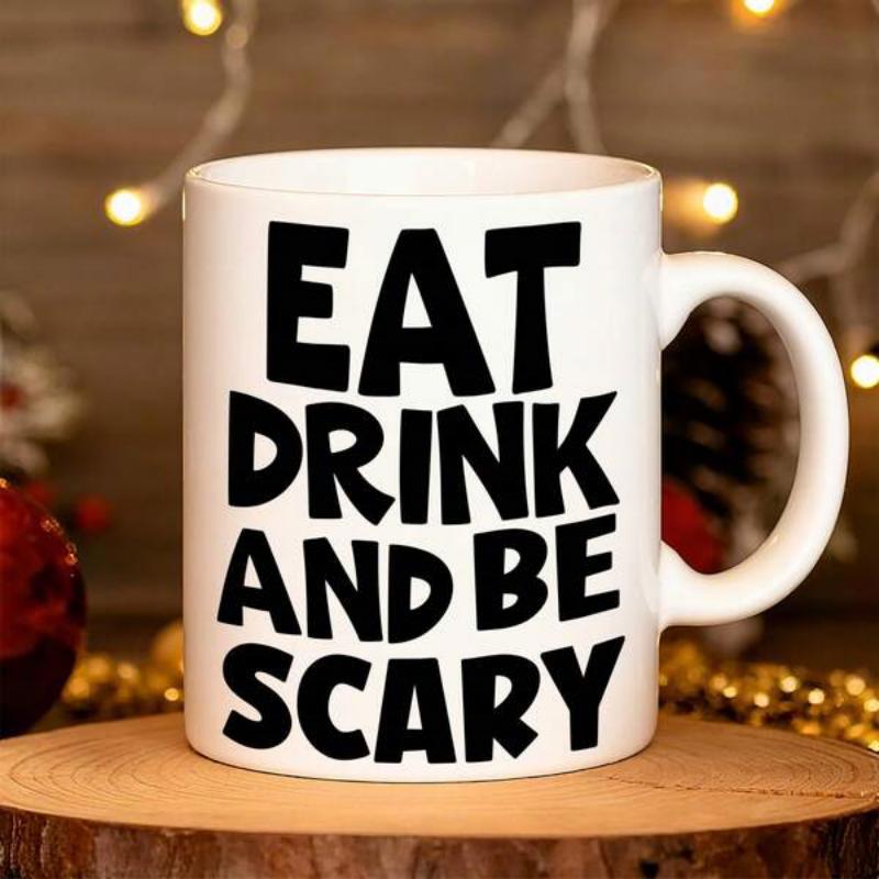 Tailorly White Ceramic 11 oz Mug - Eat Drink And Be Scary Playful Bold Typography Displaying Festive Halloween Seasonal Spirits Mug