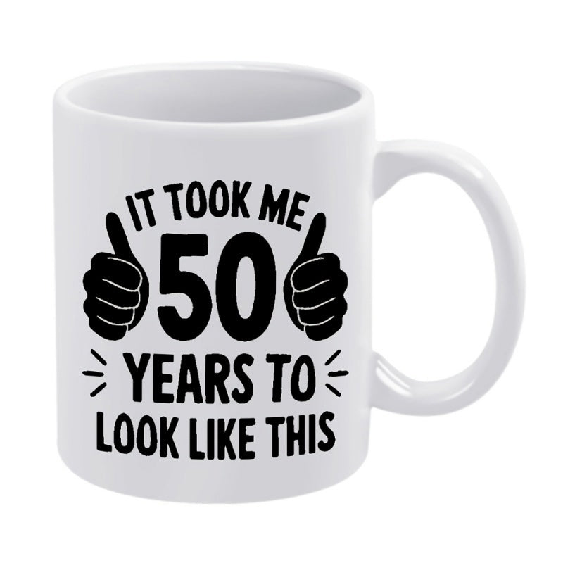 Tailorly White Ceramic 11 oz Mug - It Took Me 50 Years To Look Like This Two Thumbs Up Silhouettes Beside Bold Typography Numbers And Text Mug