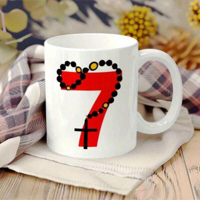 Tailorly White Ceramic 11 oz Mug - Bold Red Number Seven Wrapped In Traditional Black Beaded Prayer Rosary Seven