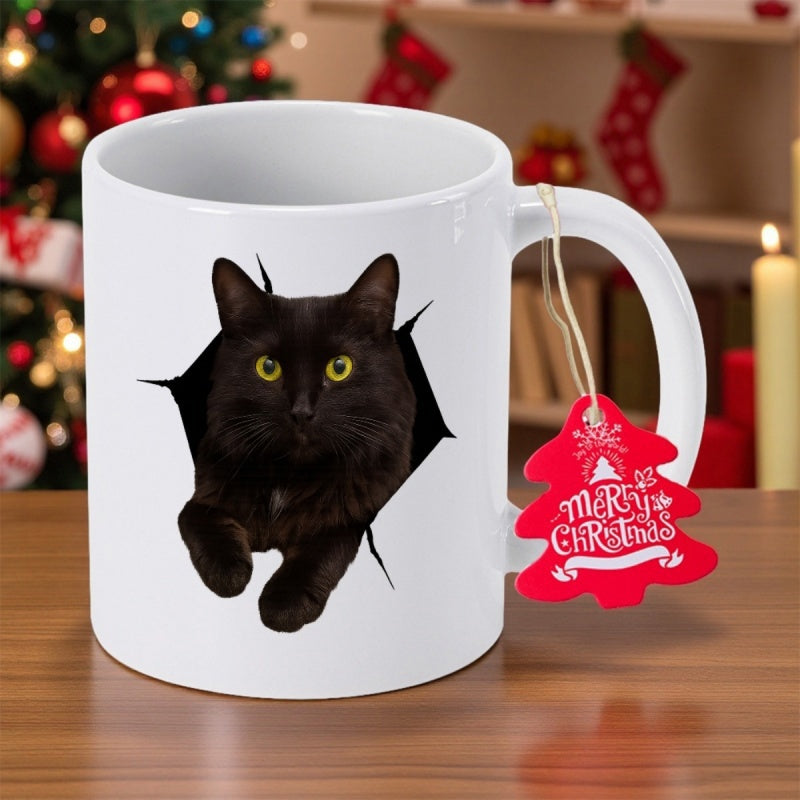 Tailorly White Ceramic 11 oz Mug - Merry Christmas Realistic Fluffy Black Cat Peeking Through A Torn Hole Cat