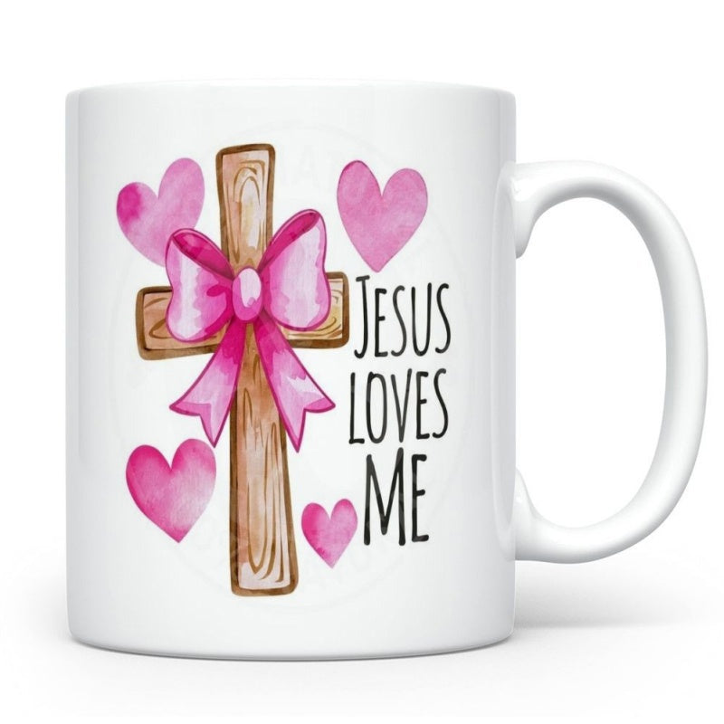Tailorly White Ceramic 11 oz Mug - Jesus Loves Me Wooden Texture With Pink Ribbon Bow Among Floating Watercolor Hearts Cross