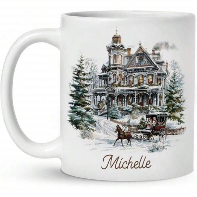 Tailorly White Ceramic 11 oz Mug - Michelle Grand Victorian Estate Nestled In Snow Among Pine Trees With Carriage House